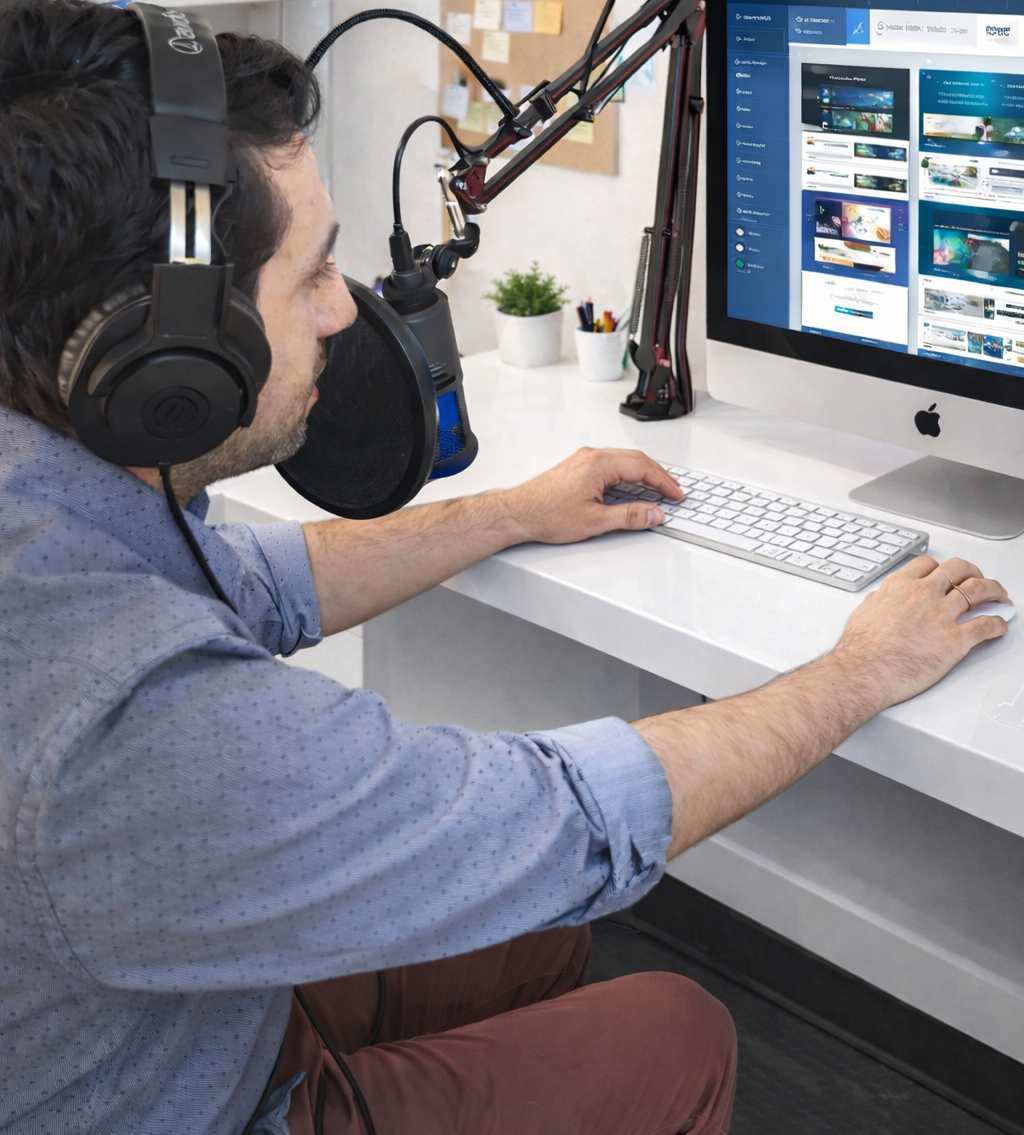 Esteban Maraboli reviewing website designs at a desktop computer